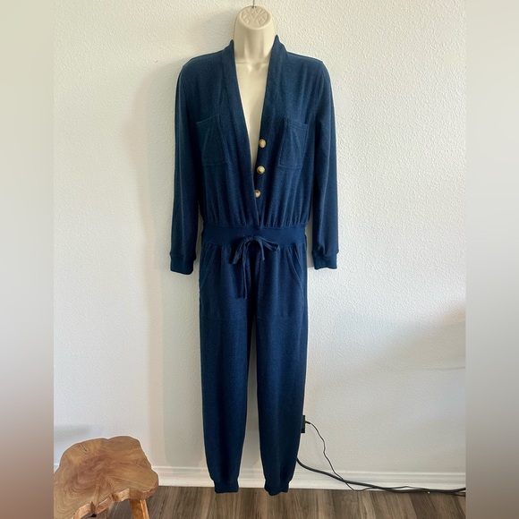 Faherty Womens XS Navy Blue Knit Jogger Jumpsuit Long Sleeve Button Front Lounge - Picture 1 of 11